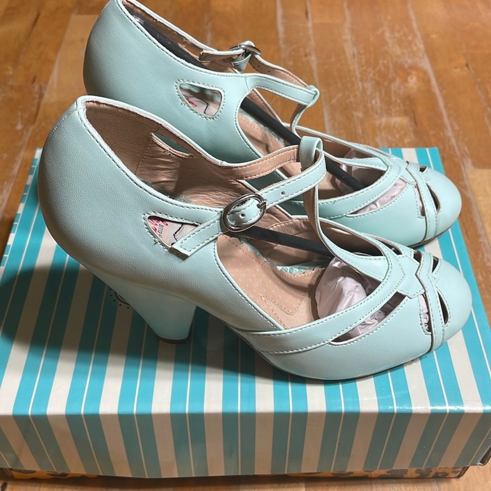 New Bettie Page 4” cone heel closed toe t strap shoe
